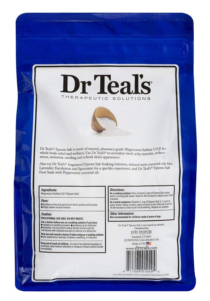 Close-up of Dr Teal's Epsom Salt bag with VELCRO enclosure