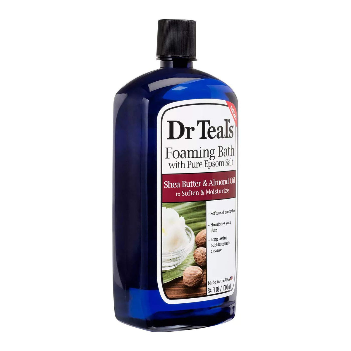 Close-up of Dr Teal's Shea Butter & Almond Oil Foaming Bath bottle