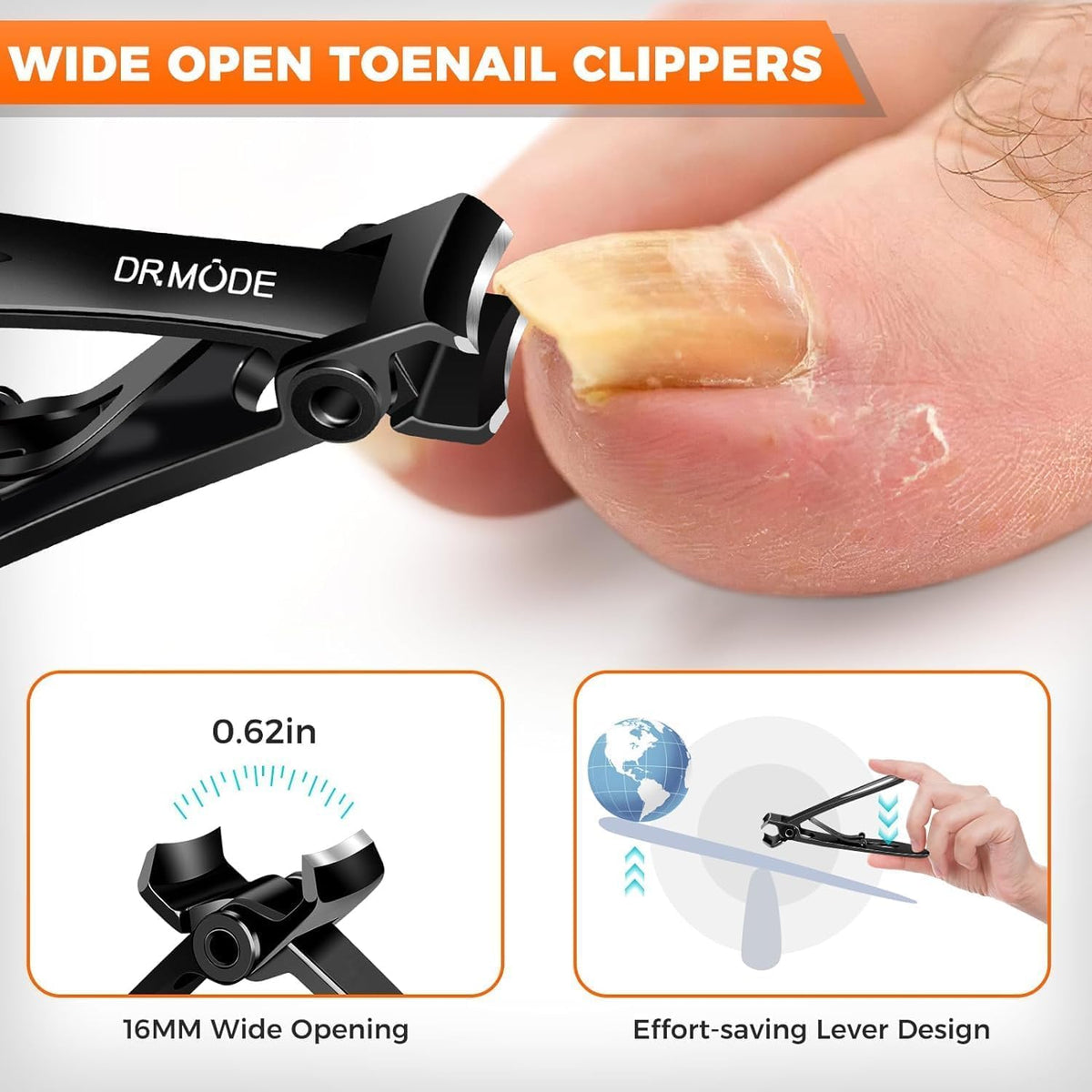 Close-up of DRMODE toenail clippers with ergonomic handle