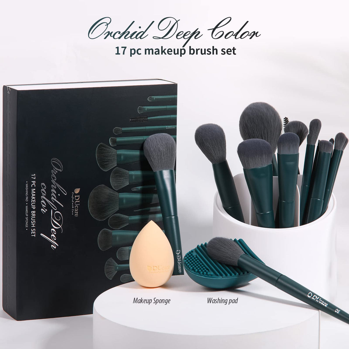 Close-up of DUcare makeup blending sponge and cleaning pad