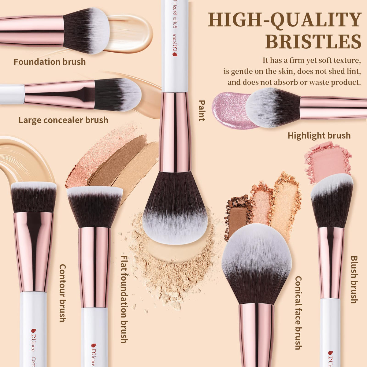 Close-up of DUcare makeup brushes showing soft vegan hair