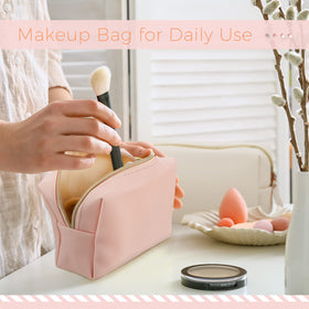 Close-up of Dunzy PU leather makeup bag in grey