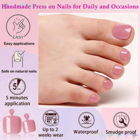 Close-up of Dusty Rose fake toenails with adhesive tabs