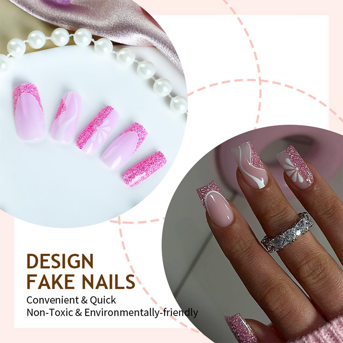 Close-up of DZPGUONIZ Medium Hot Pink Press On Nails showing glitter flower design