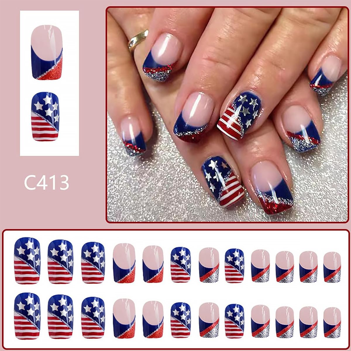 Close-up of DZPGUONIZ short square French tip press on nails