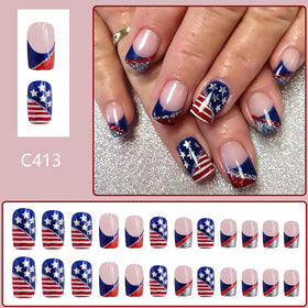 Close-up of DZPGUONIZ short square French tip press on nails