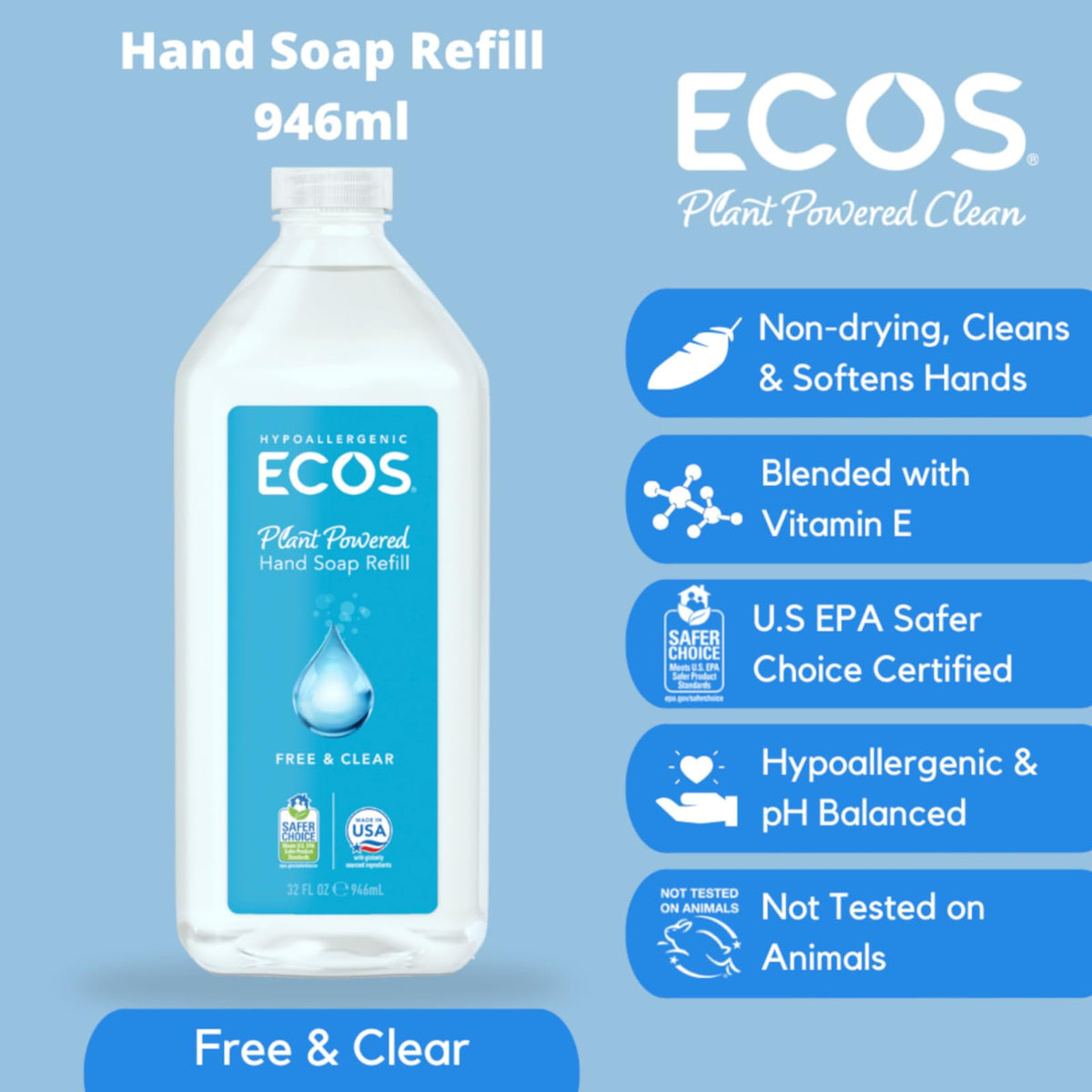 Close-up of ECOS Free & Clear Hand Soap refill bottle