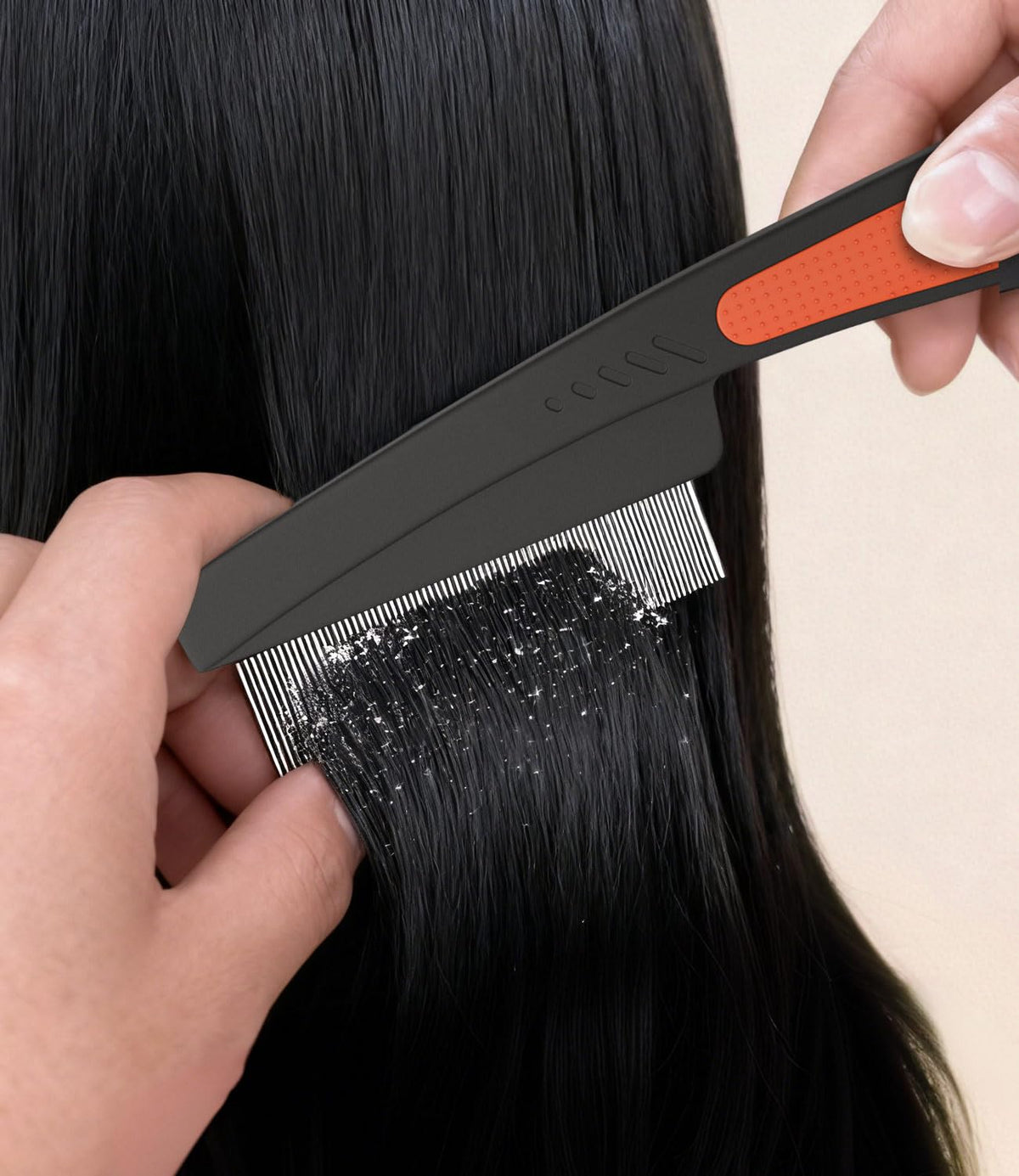 Close-up of EHBELIF stainless steel fine tooth comb with red handle