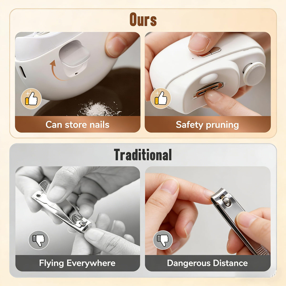 Close-up of electric nail clipper's large button