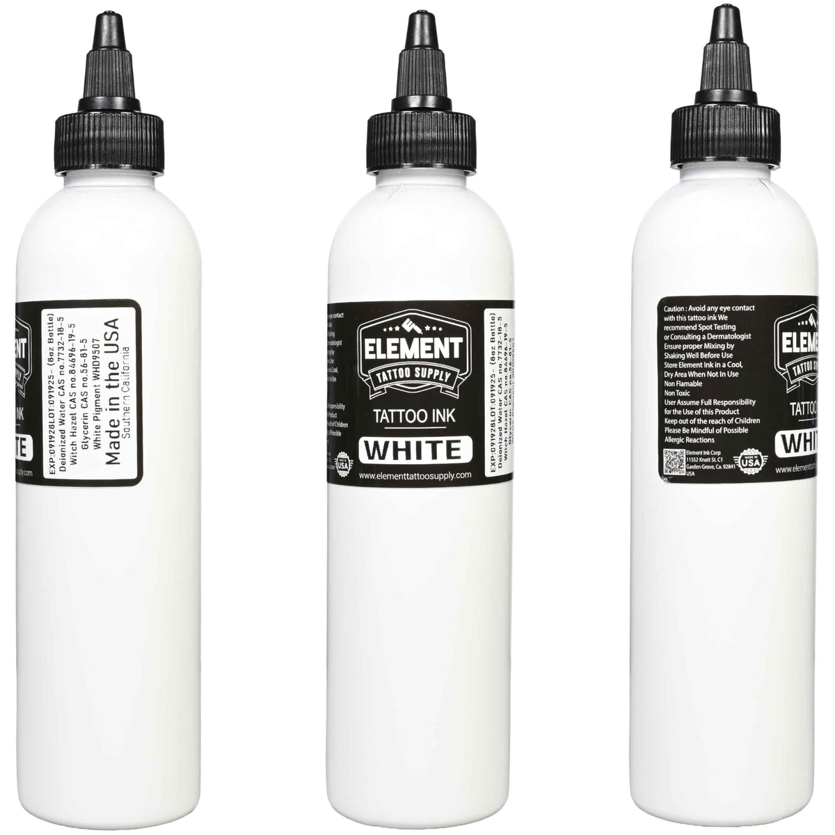 Close-up of Element Tattoo Supply White Tattoo Ink bottle with label