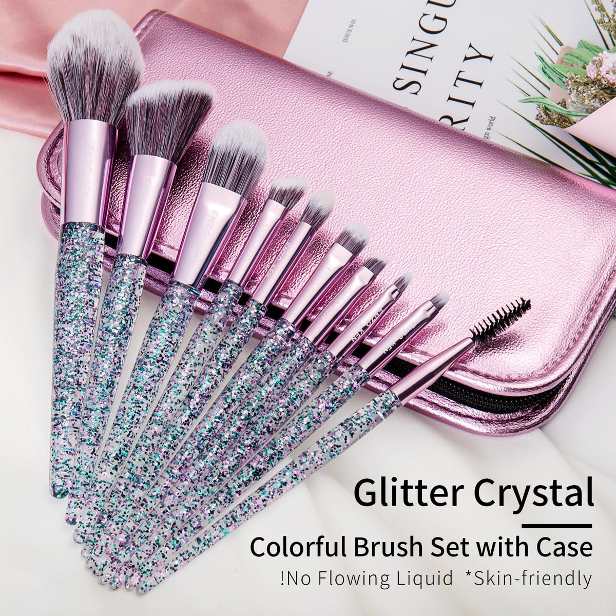 Close-up of ENZO K glittery handle makeup brushes
