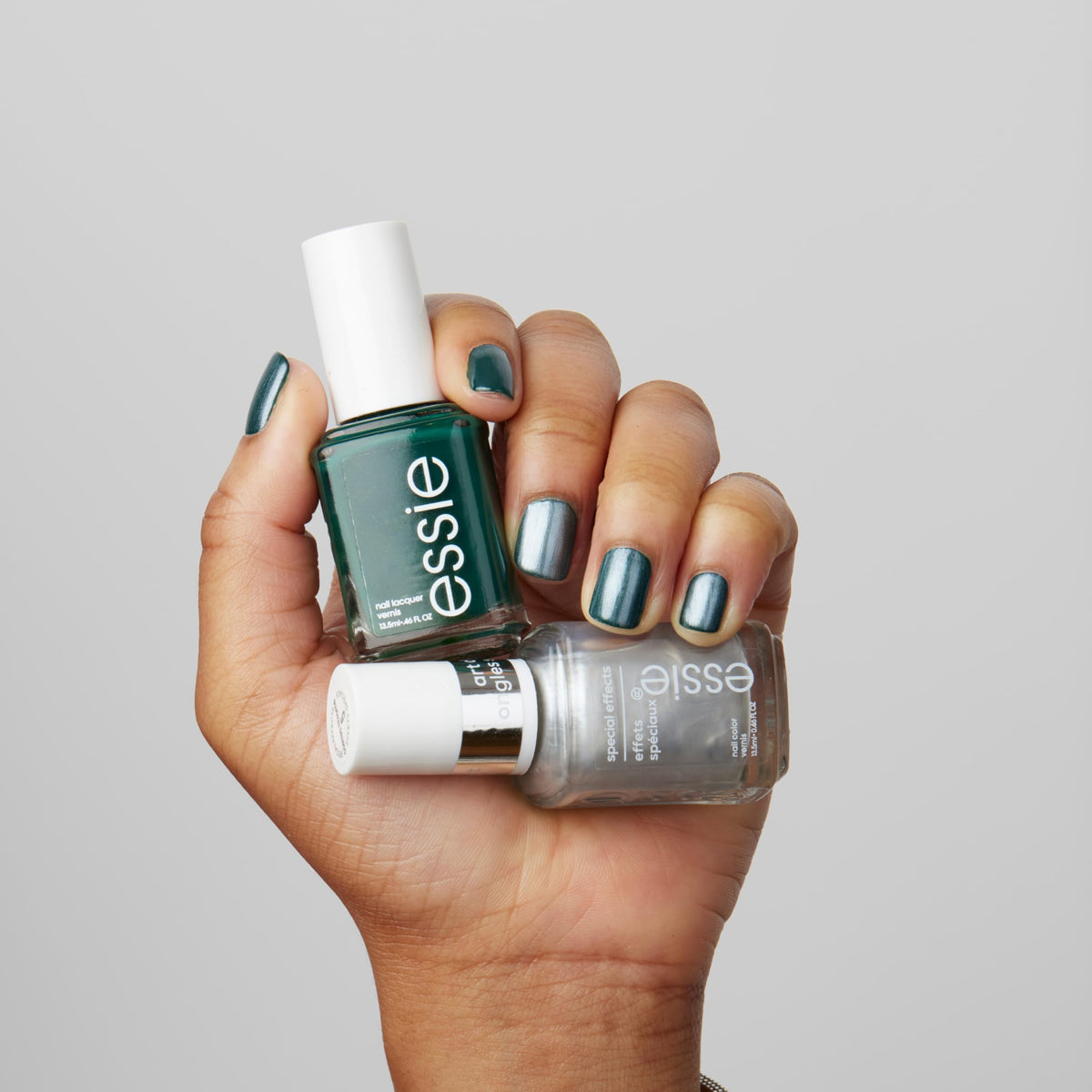 Close-up of essie Cosmic Chrome silver satin chrome nail polish