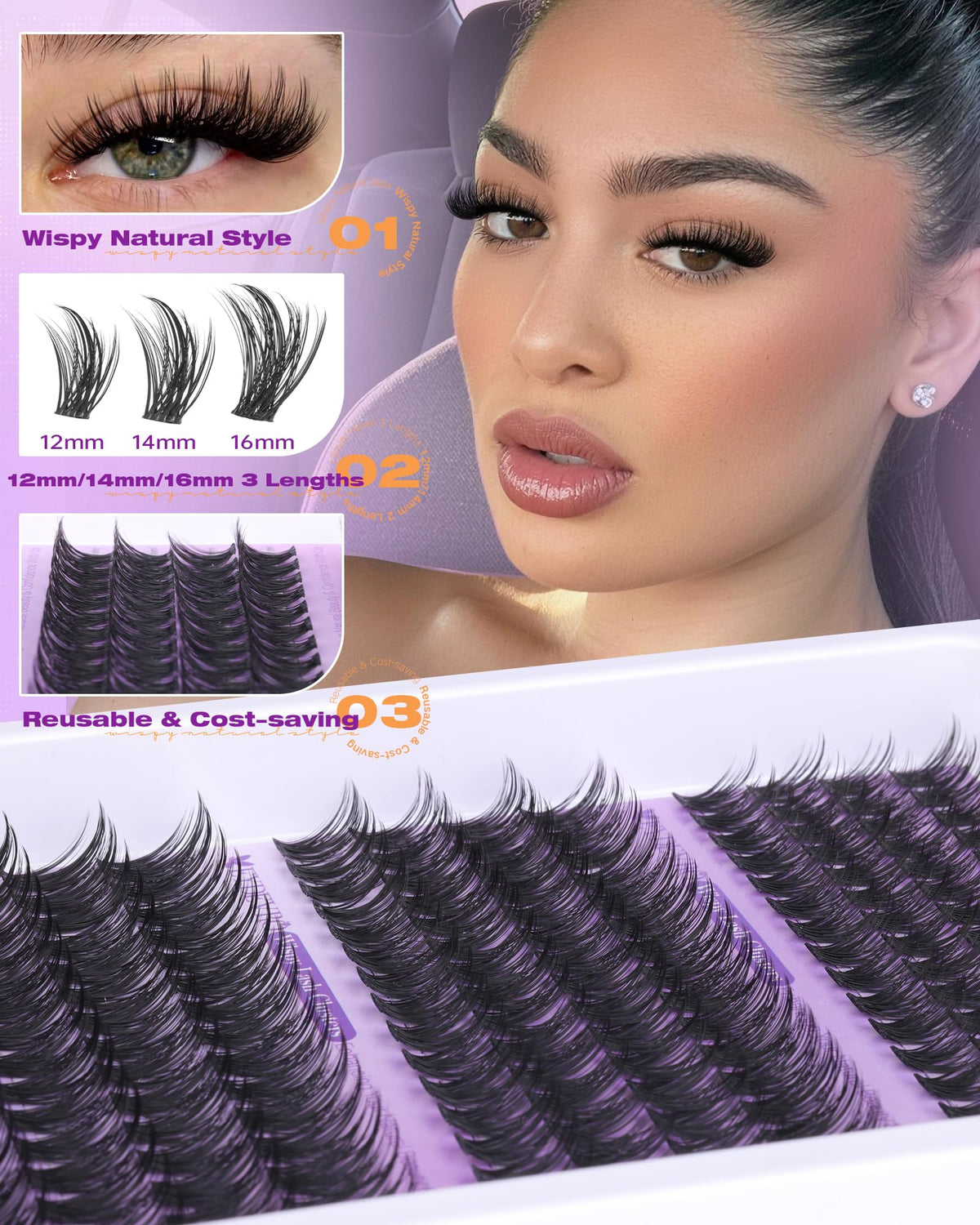 Close-up of EYDEVRO Wispy Lash Clusters showing different lengths