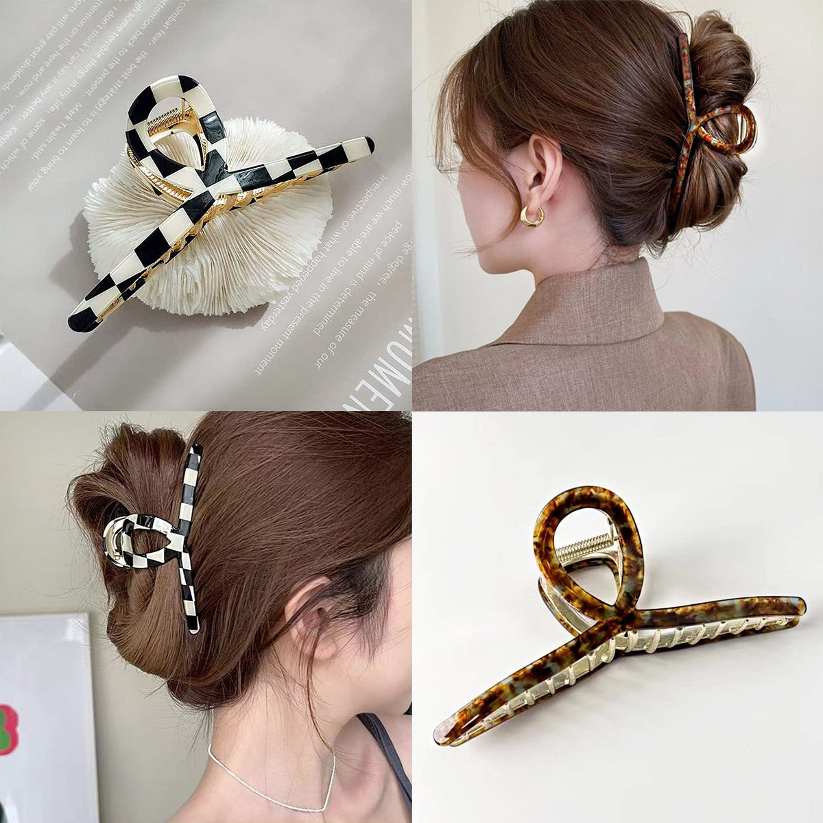 Close-up of FAELBATY hair claw clip in black and white check