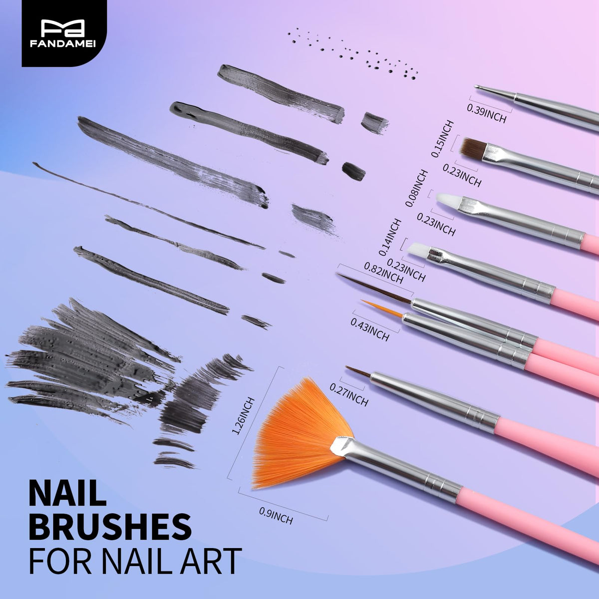 Close-up of Fandamei nail brushes in various sizes