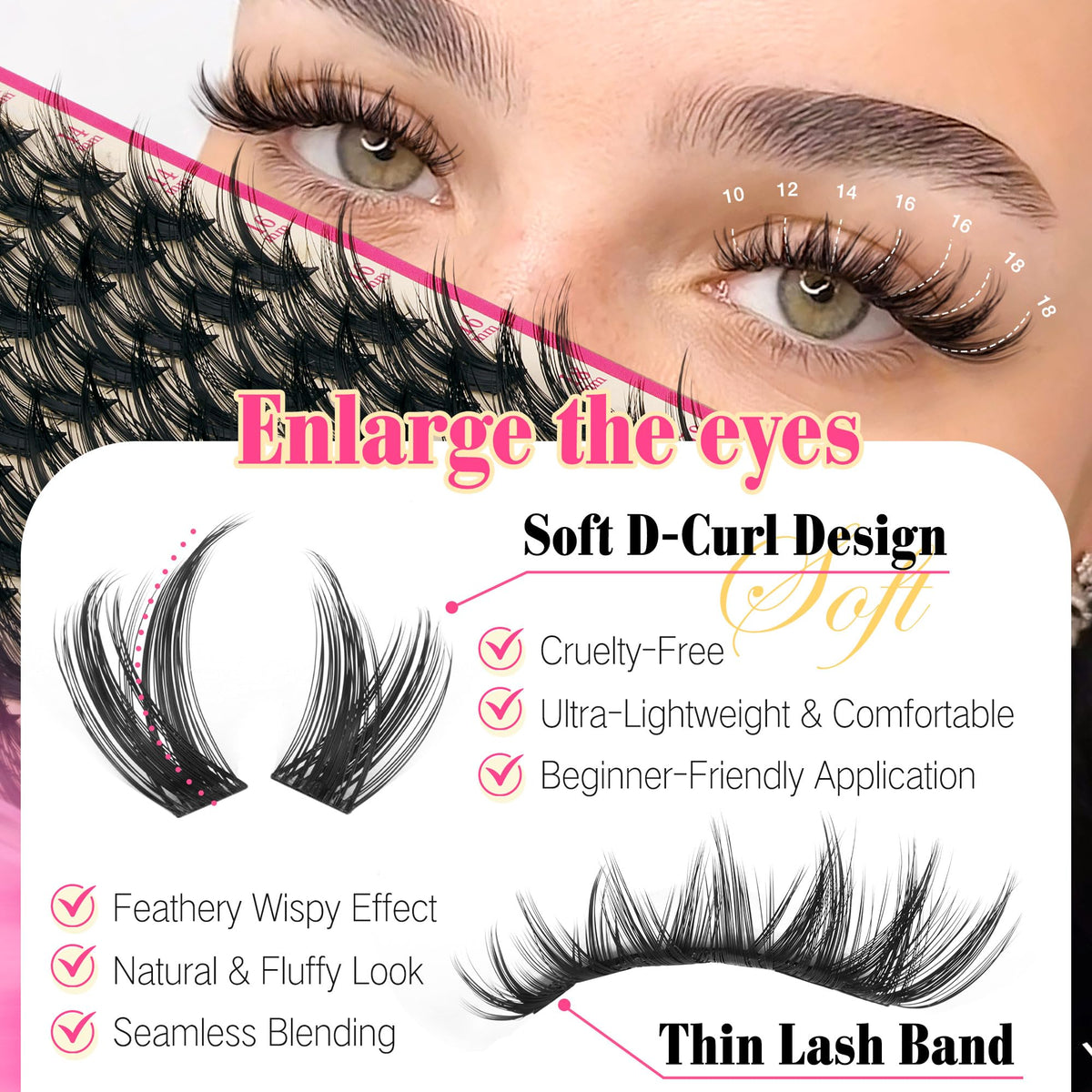 Close-up of FANXITON lash clusters in various sizes