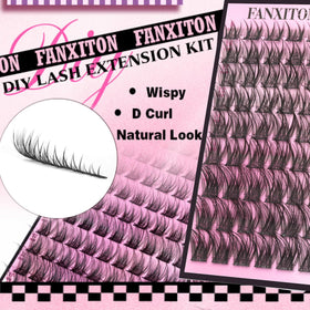 Close-up of FANXITON lash clusters showing D-curl design