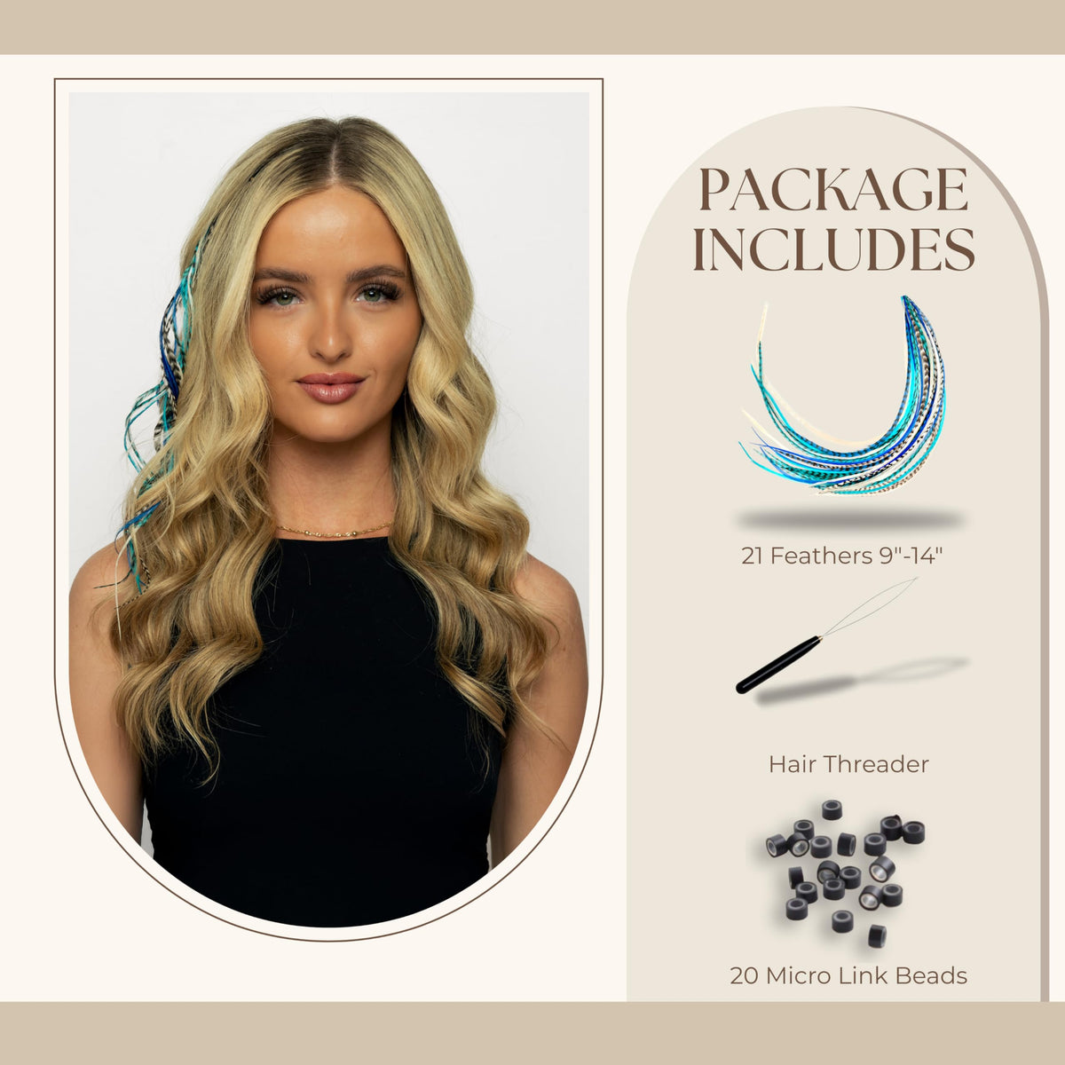Close-up of Feather Headz micro link extension beads and hair threader tool