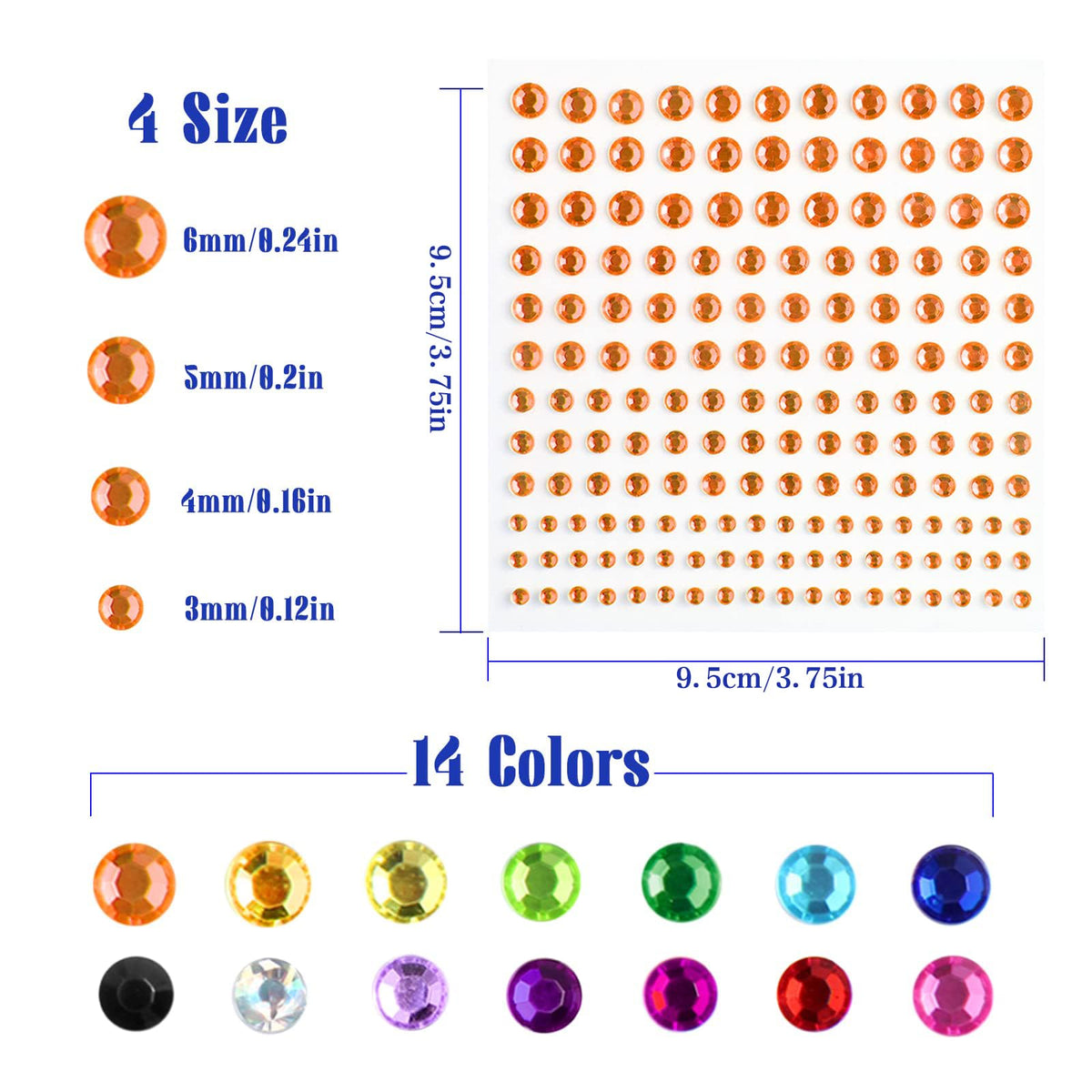 Close-up of FEMBW rhinestone gem stickers in various colours