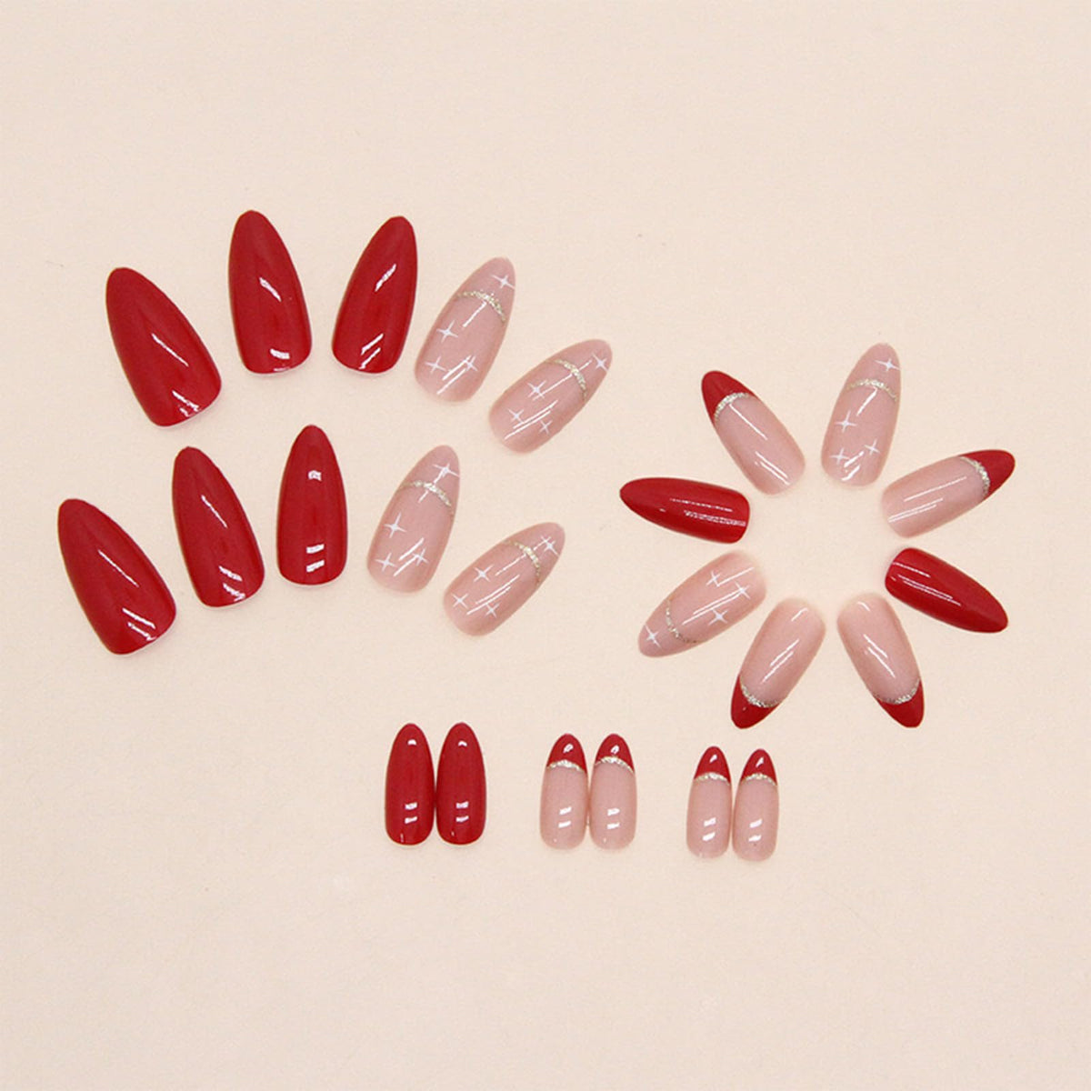 Close-up of FJSMTOPl almond fake nails in red colour
