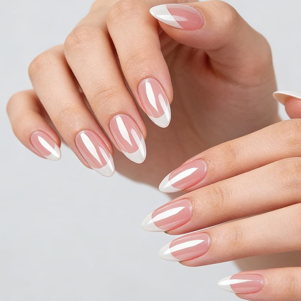 Close-up of FJSMTOPl almond fake nails with French tip design