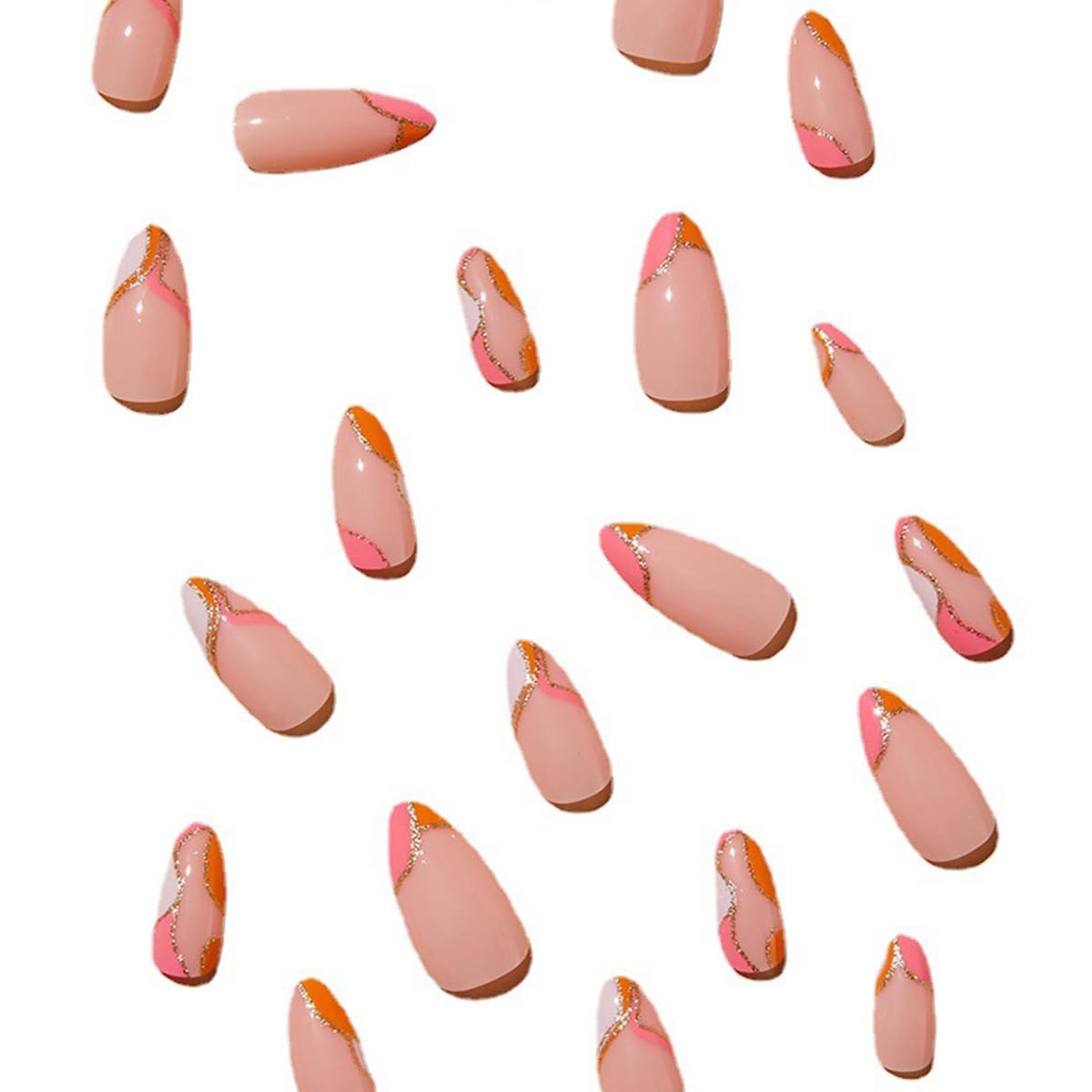 Close-up of FJSMTOPl almond press on nails with glitter swirl