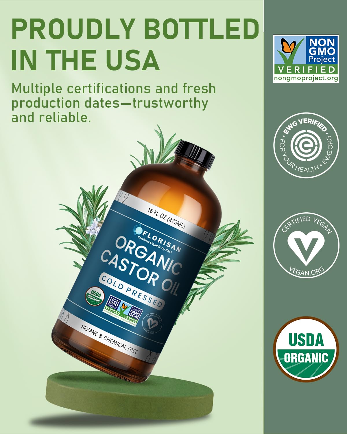 Close-up of Florisan Organic Castor Oil bottle with label