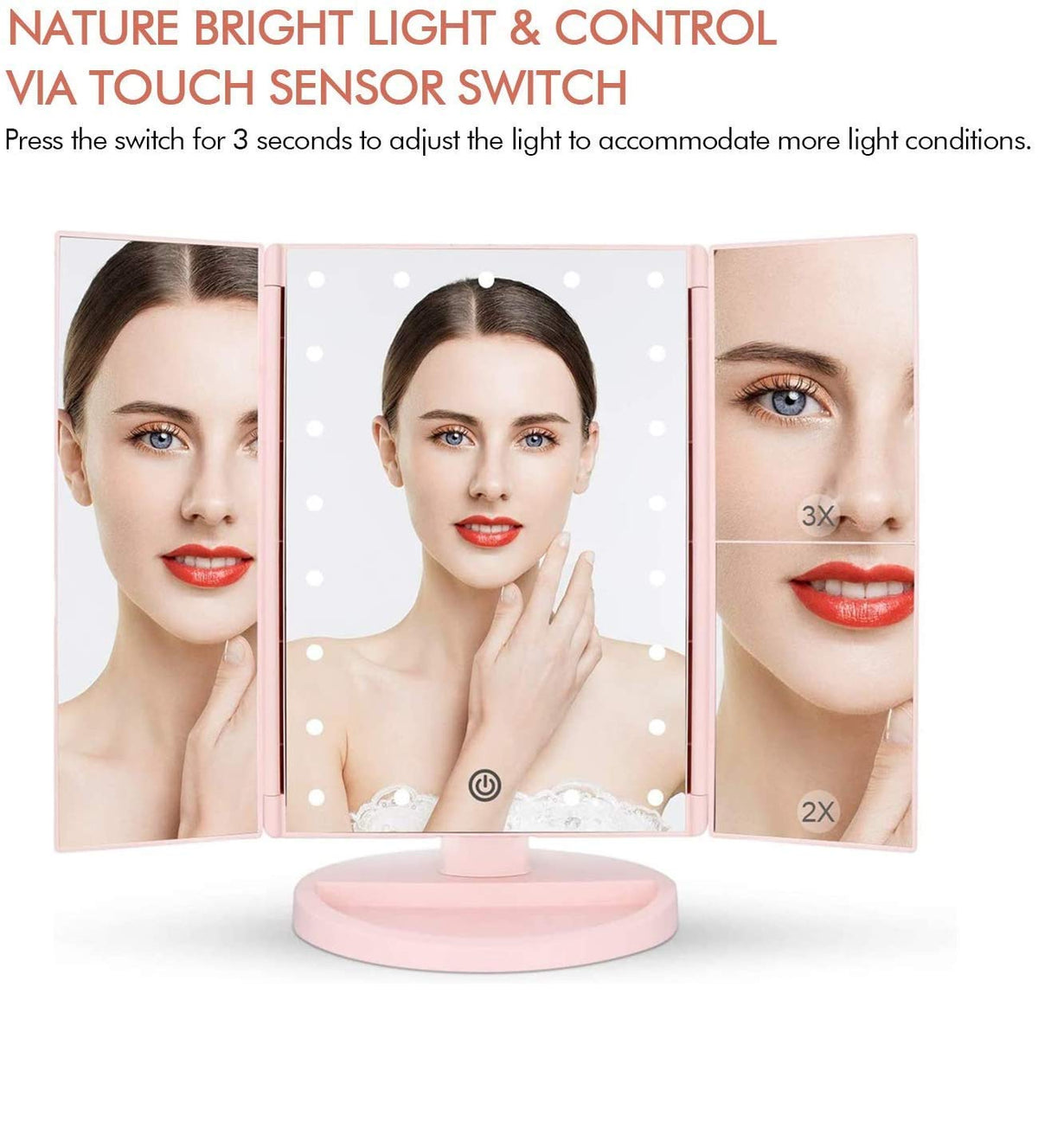 Close-up of Flymiro Tri-fold Lighted Makeup Mirror touch sensor