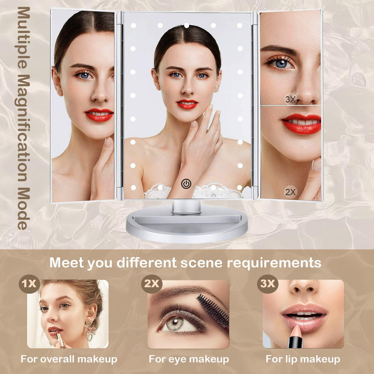 Close-up of Flymiro Tri-fold Lighted Makeup Mirror touch sensor