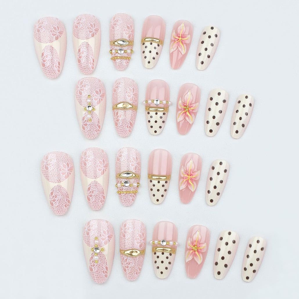 Close-up of Foccna Almond Press On Nails showing polka dot pattern