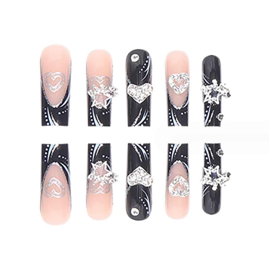 Close-up of Foccna black square press on nails with rhinestones