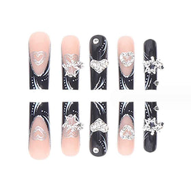 Close-up of Foccna black square press on nails with rhinestones