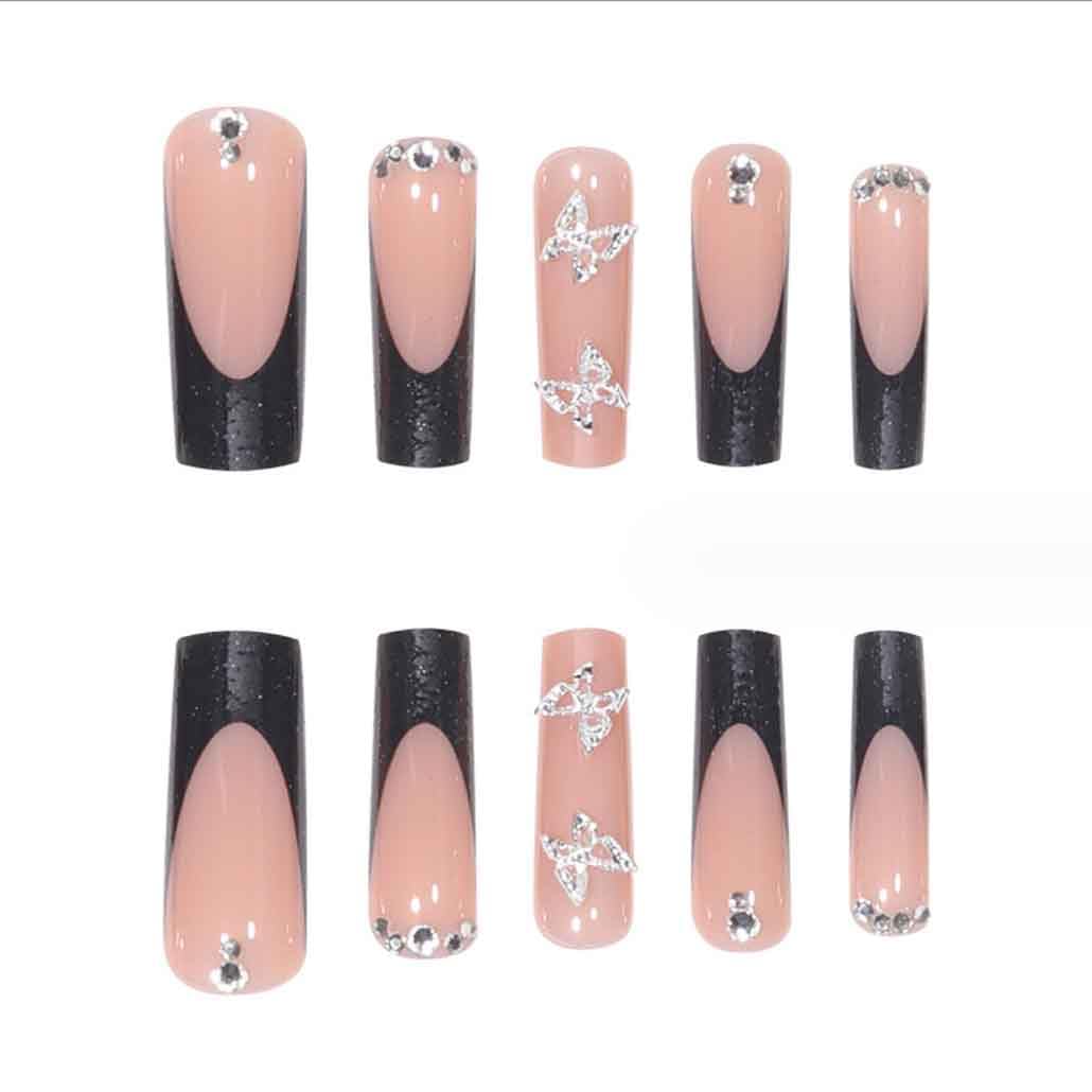 Close-up of Foccna black square press on nails with rhinestones