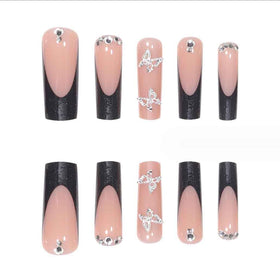 Close-up of Foccna black square press on nails with rhinestones