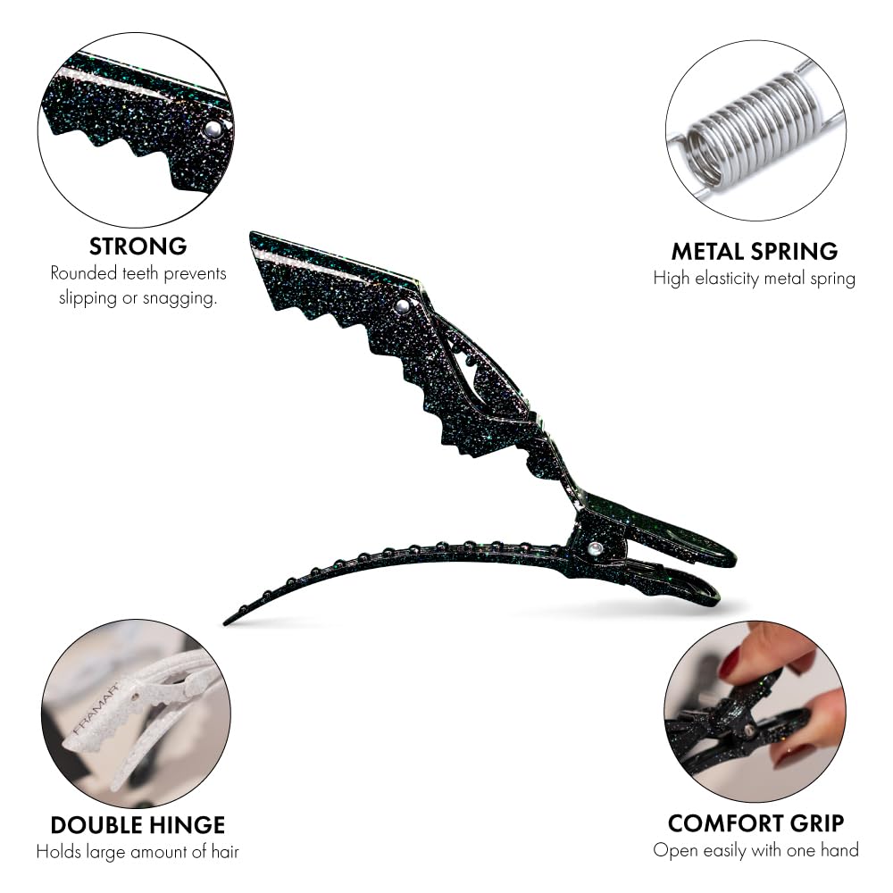 Close-up of FRAMAR alligator clip showing glitter design