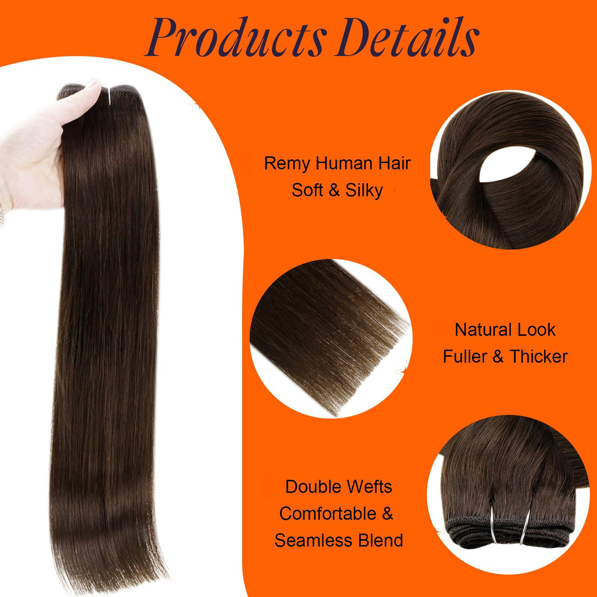 Close-up of Full Shine 22 Inch Dark Brown Sew In Weft Hair Extensions texture