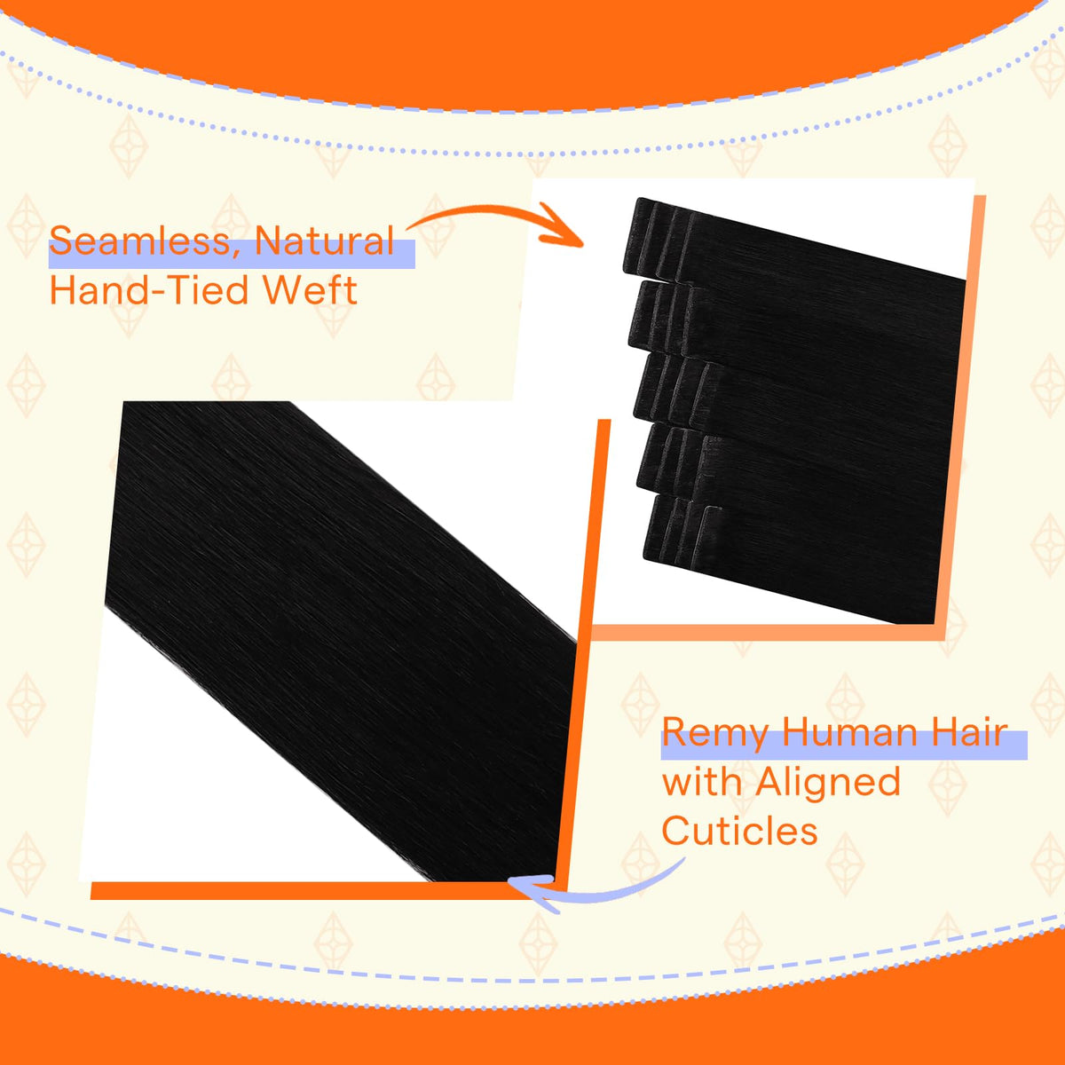 Close-up of Full Shine 22 Inch Jet Black Tape in Hair Extensions