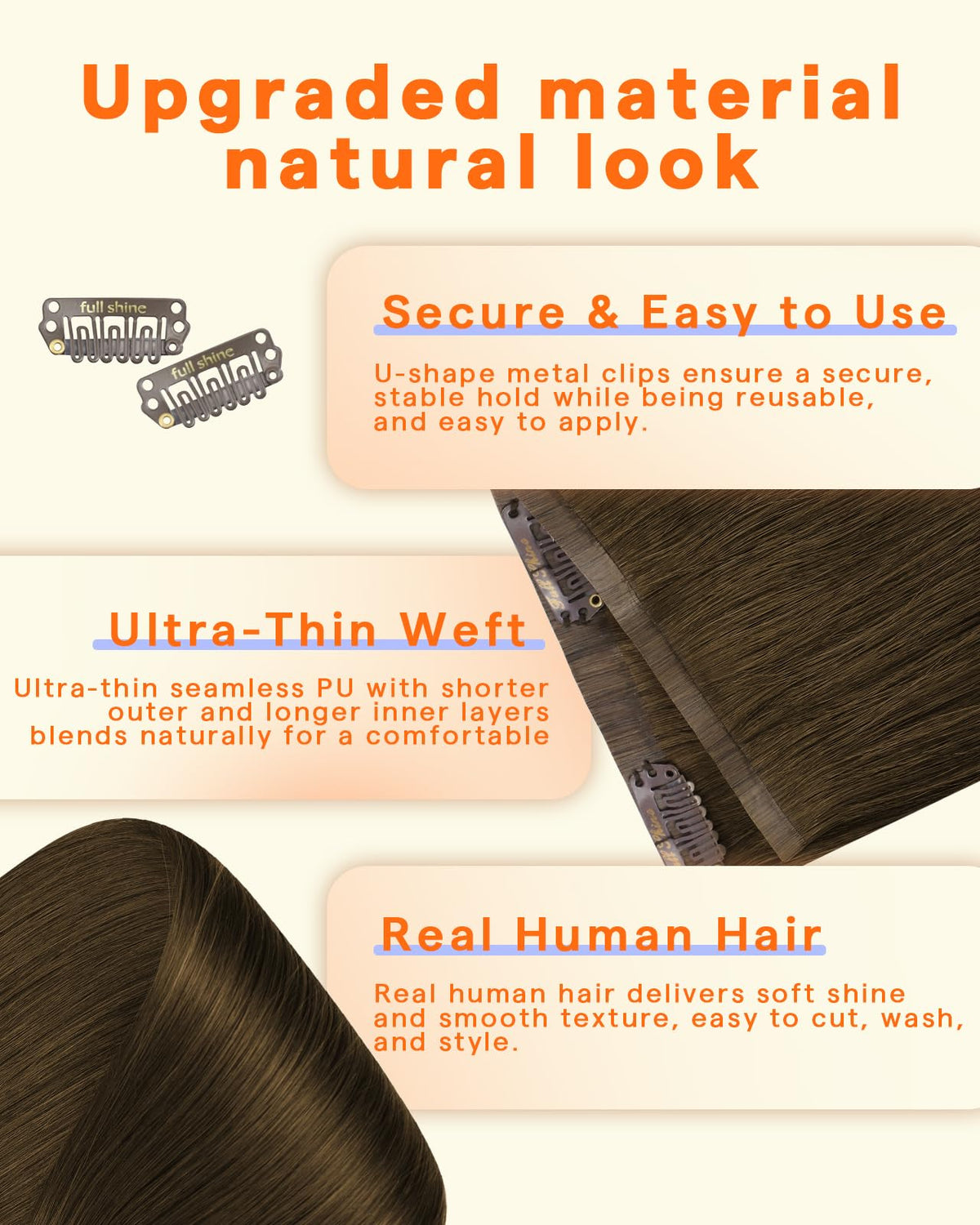 Close-up of Full Shine Brown Clip-In Hair Extensions clips