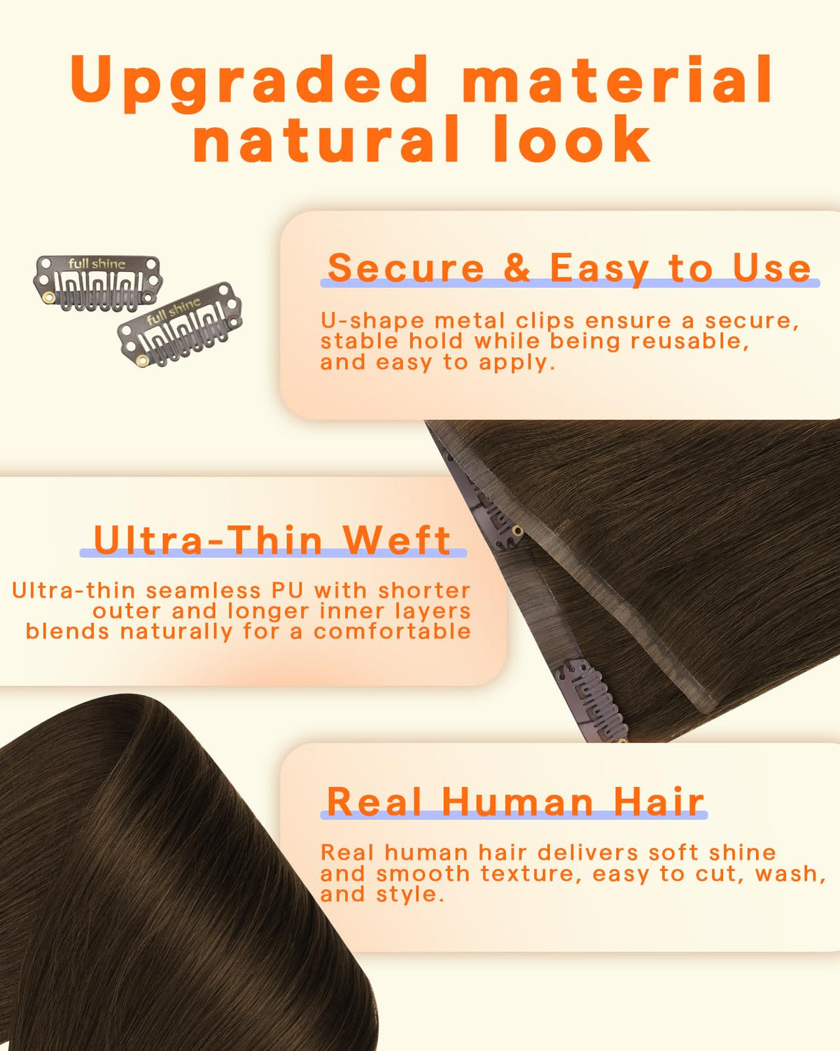 Close-up of Full Shine Clip in Extensions Medium Brown texture