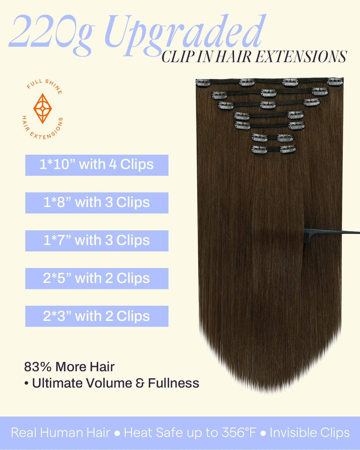 Close-up of Full Shine clip in extensions showcasing medium brown colour