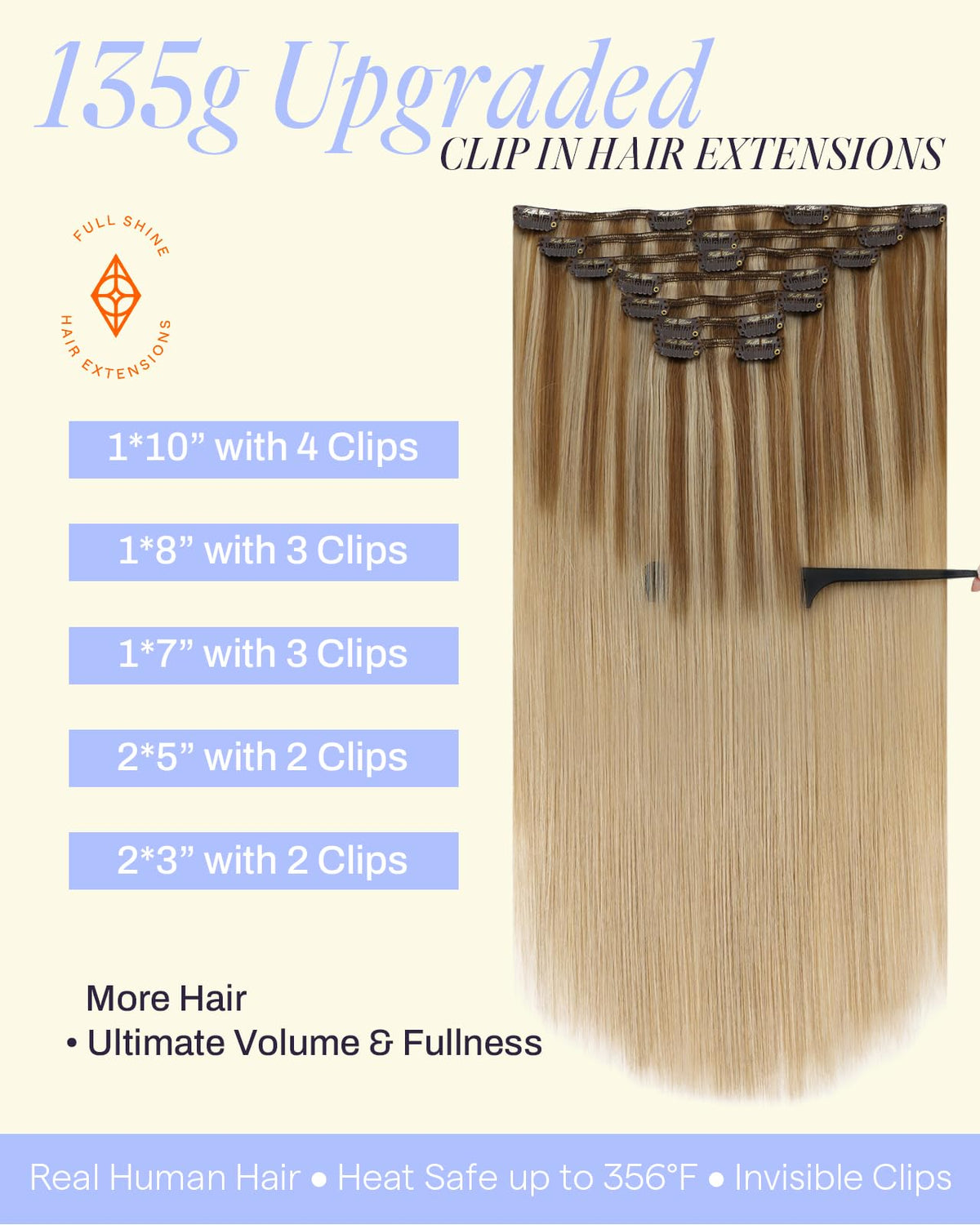 Close-up of Full Shine Clip in Hair Extensions clips and wefts