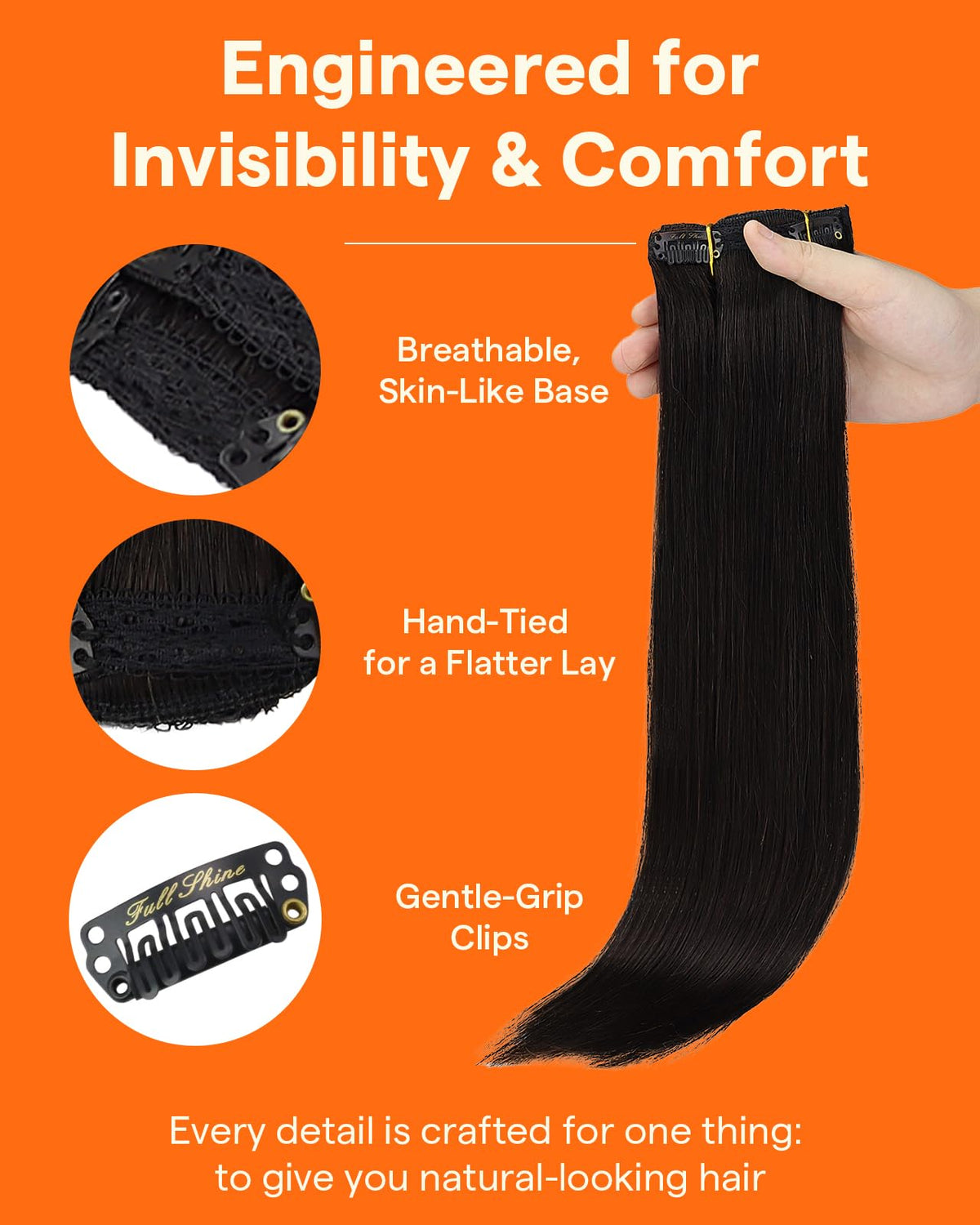 Close-up of Full Shine Clip in Hair Extensions with clips