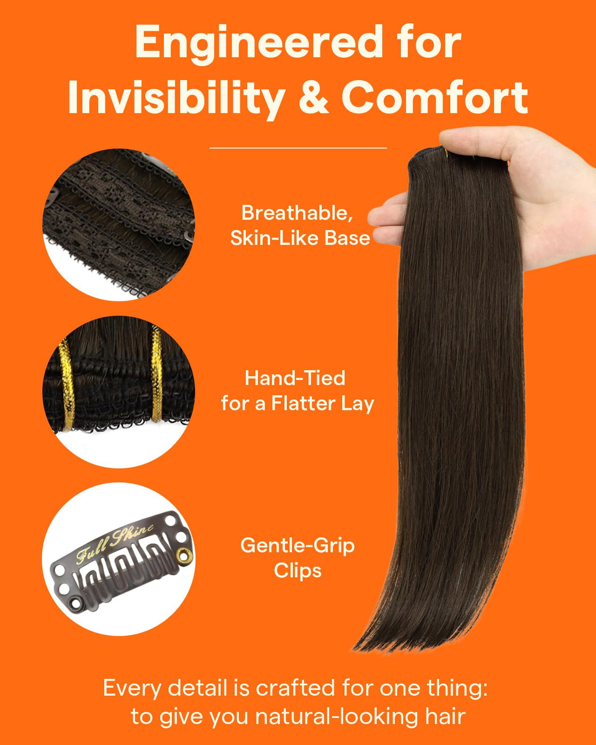Close-up of Full Shine Clip in Hair Extensions with clips