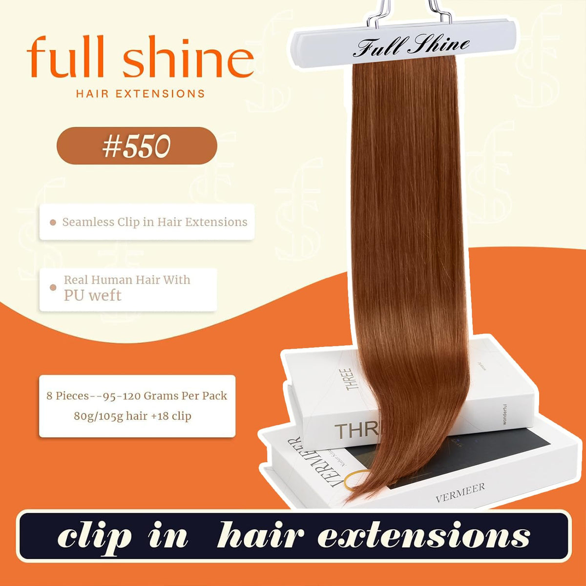 Close-up of Full Shine Copper Red Clip-in Hair Extensions texture