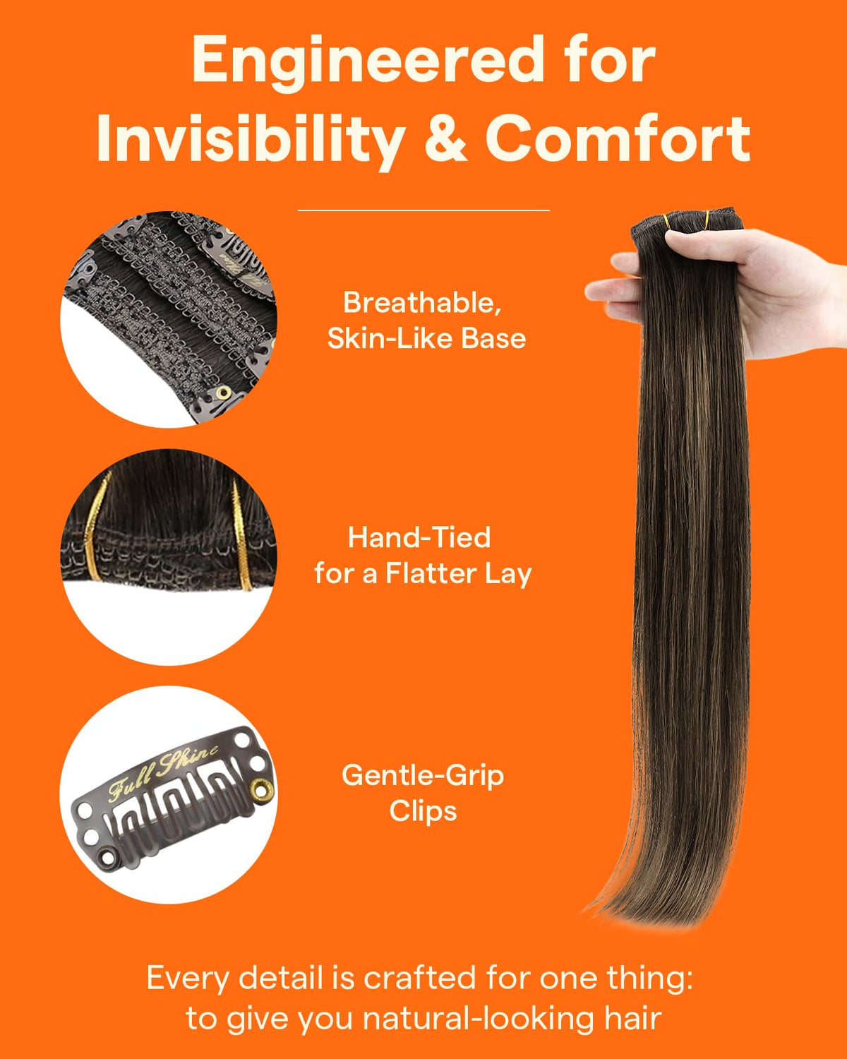 Close-up of Full Shine Dark Brown Balayage Clip in Extensions weft