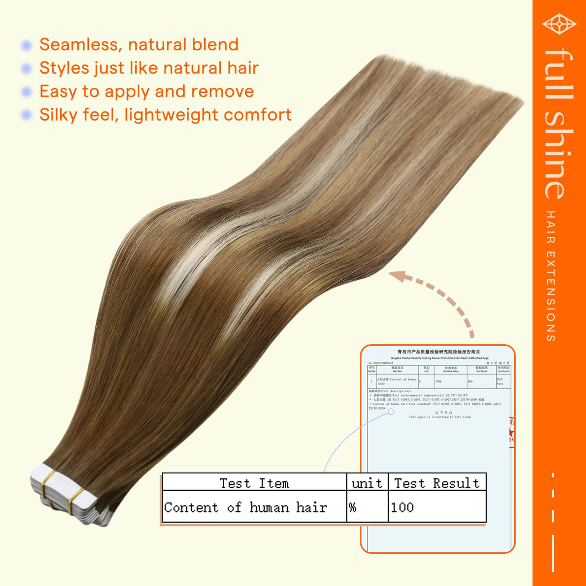 Close-up of Full Shine Tape in Extensions showing tape
