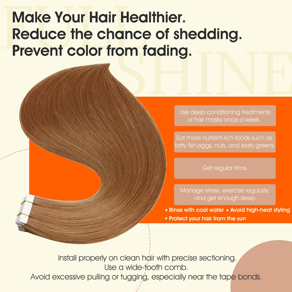Close-up of Full Shine Tape In Hair Extensions Ginger Copper tape