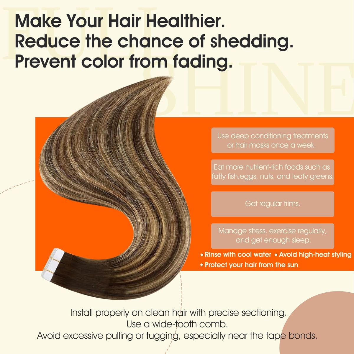 Close-up of Full Shine Tape In Hair Extensions Honey Brown tape