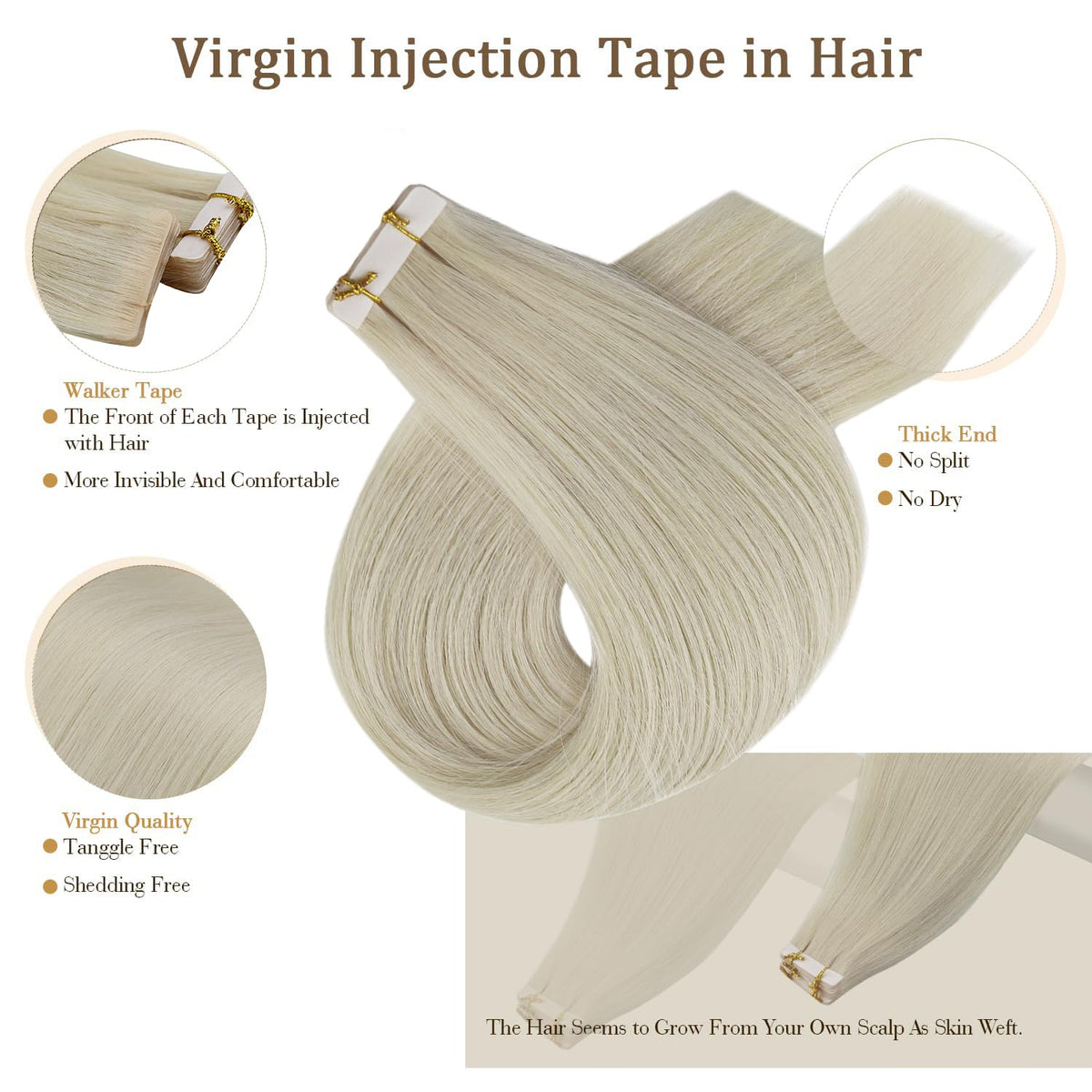 Close-up of Full Shine Tape In Hair Extensions Ice Blonde tape