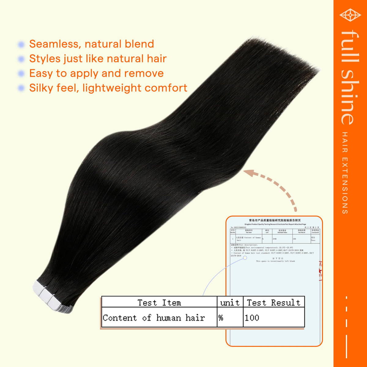 Close-up of Full Shine Tape in Hair Extensions Natural Black tape